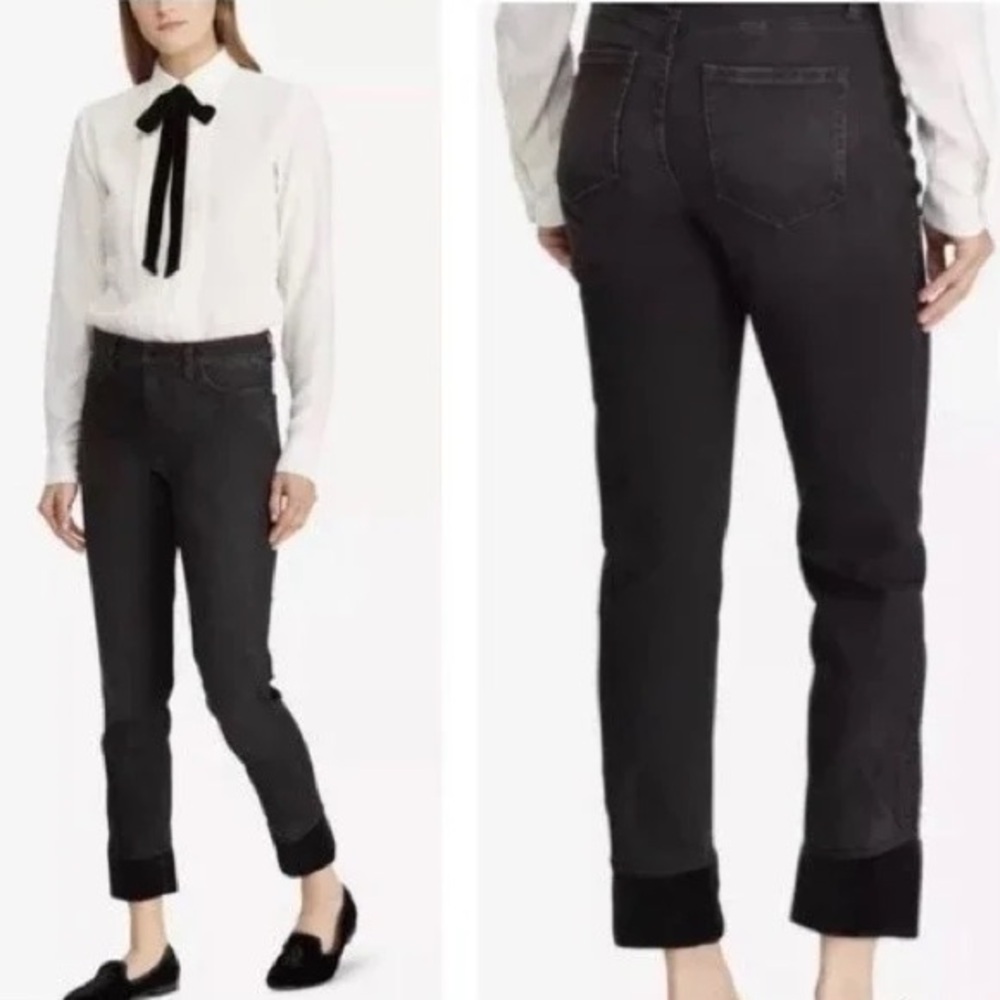 Ralph Lauren sz 4 Black Regal Straight Ankle Jeans Velvet Cuffs Ribbon Detail